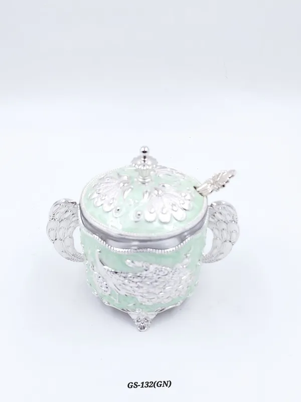 German_Silver_Mint_Green_Enamel_Peacock_Sugar_Candy_Bowl_With_Spoon
