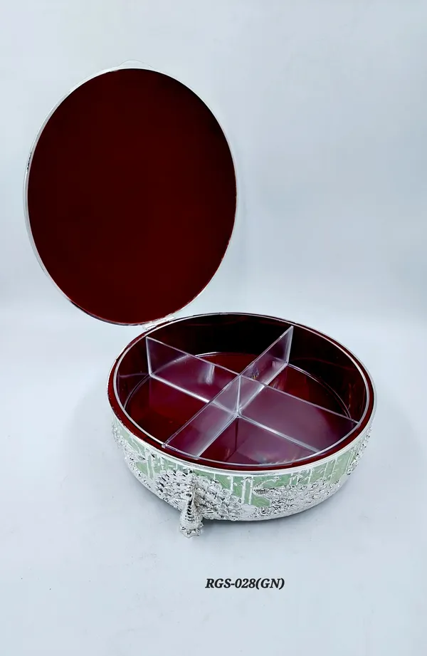 German_Silver_Green_Enamel__Traditional_Peacock_Embossed_Round_Dry_Fruit_Box