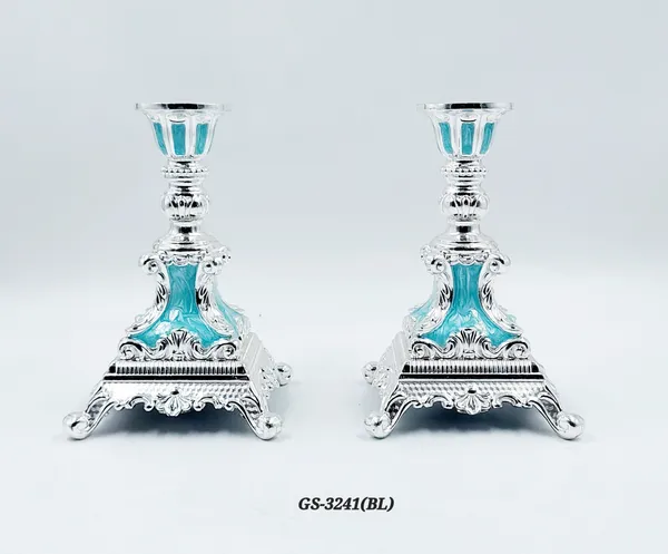 German_Silver_Turquoise_Blue_Enamel_Victorian_Ornate_Candlestick_Stand_Set_Of_2