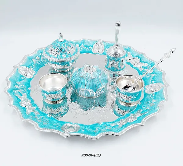 German_Turquoise_Blue_Enamel_Embossed_Pooja_Thali_Set_With_Large_Lotus_Agarbatti_Stand_And_Bell