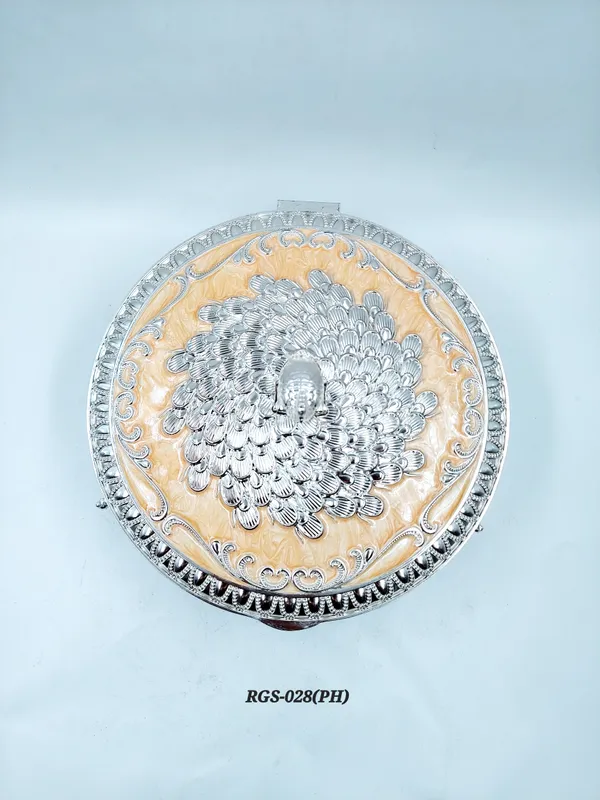 German_Silver_Peach_Enamel__Traditional_Peacock_Embossed_Round_Dry_Fruit_Box
