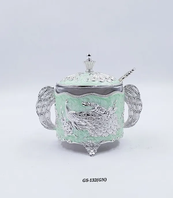 German_Silver_Mint_Green_Enamel_Peacock_Sugar_Candy_Bowl_With_Spoon