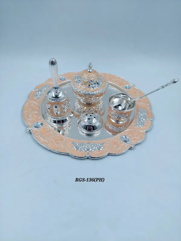 German_Silver_peach_Two_Tone_Embossed_Pooja_Thali_Set