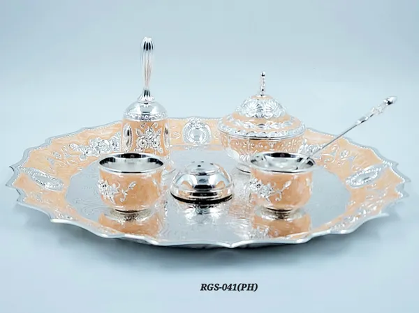 German_Silver_Peach_Enamel_Embossed_Pooja_Thali_Set_With_Small_Agarbatti_Stand_And_Bell