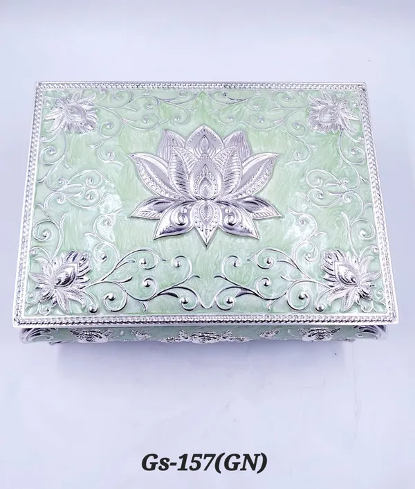 German_Silver_Green_Enamel_Floral_Embossed_Jewelry_Or_Dry_Fruit_Storage_Box