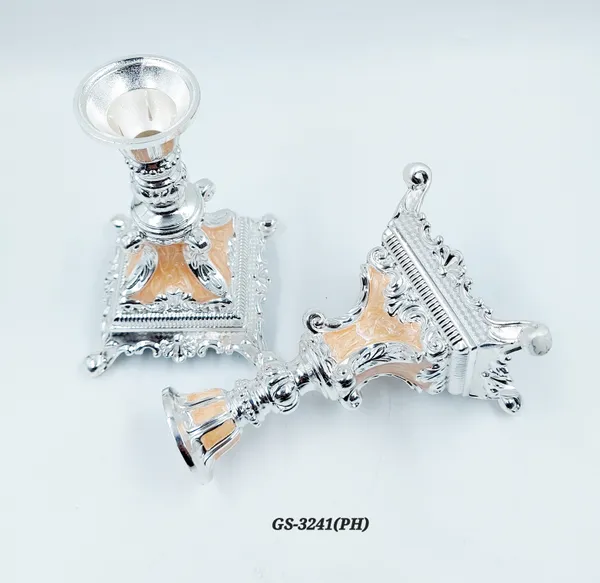 German_Silver_Peach_Enamel_Victorian_Ornate_Candle_Stand_Set_Of_2