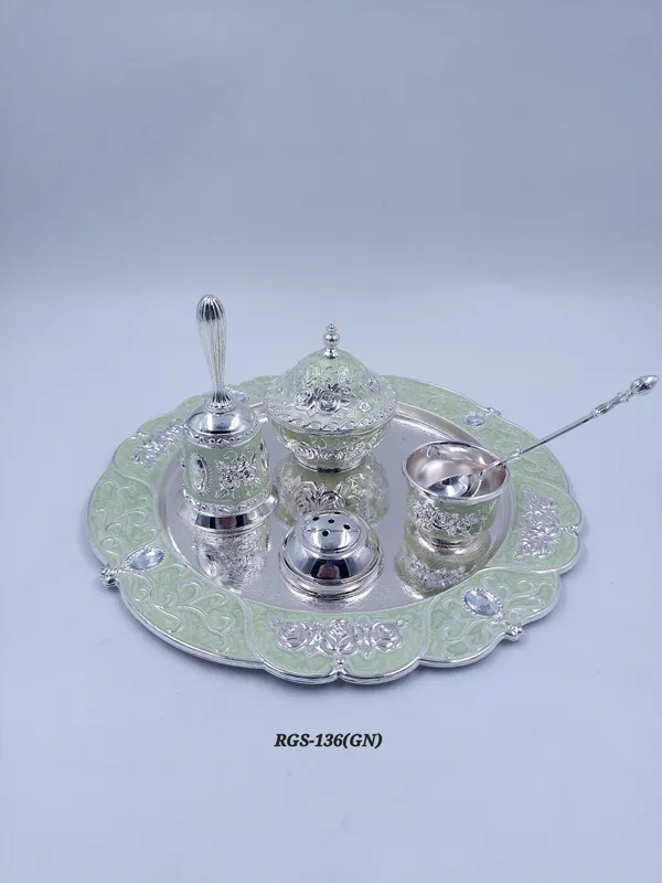 German_Silver_Floral_Engraved_Pooja_Thali_Set_With_Bell
