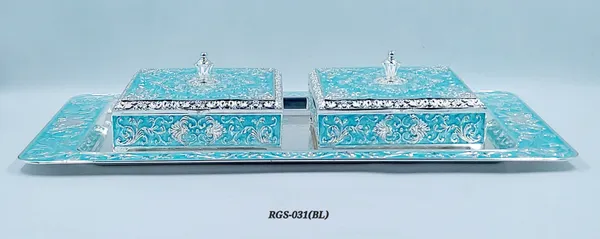 German_Silver_Turquoise_Blue_Meenakari_Floral_Double_Dry_Fruit_Box_Set