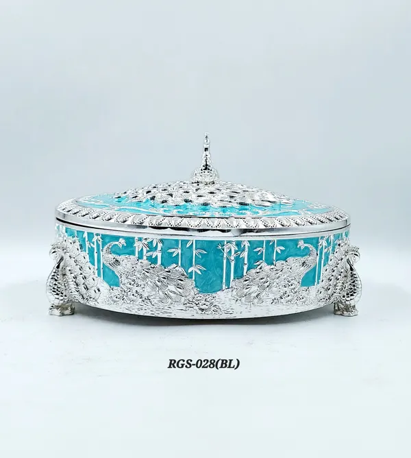 German_Silver_Turquoise_Blue_Enamel_Peacock_Design_4_Compartment_Dry_Fruit_Box