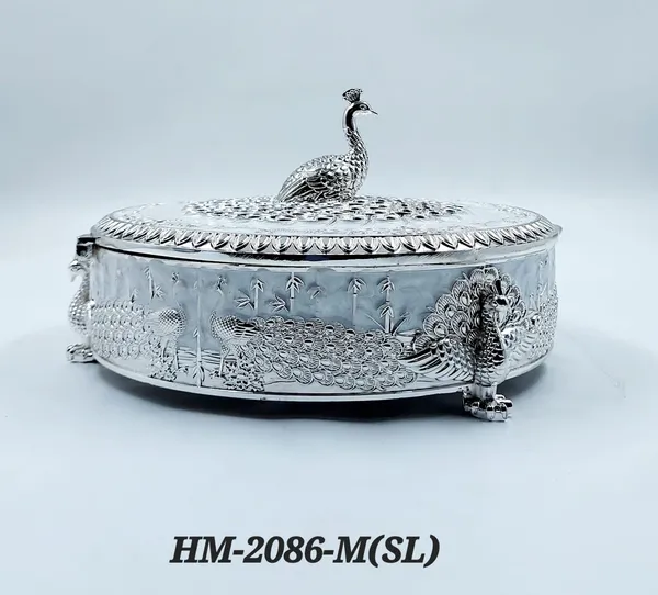 German_Silver_Enamel_Traditional_Peacock_Embossed_Medium_Size_Round_Dry_Fruit_Box