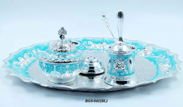 German_Silver_Turquoise_Blue_Enamel_Embossed_Pooja_Thali_Set_With_Small_Agarbatti_Stand_And_Bell