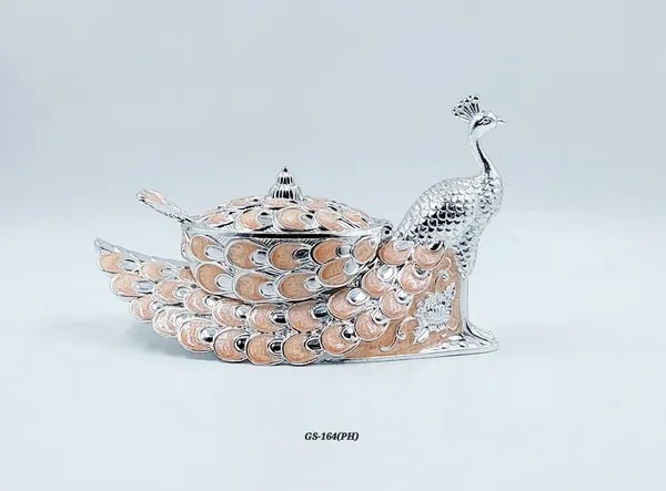 German_Silver_Peach_Enamel_Peacock_Decorative_Candy_Serving_Bowl