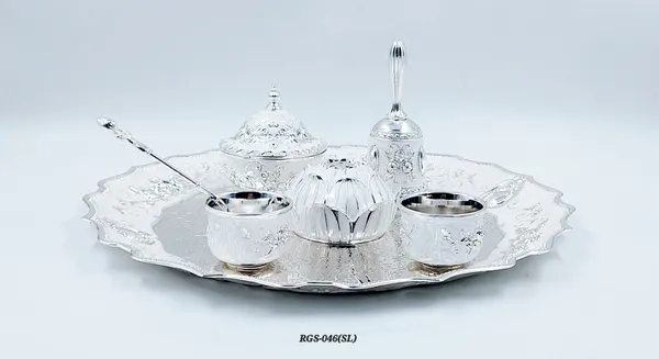 German_Silver_Enamel_Embossed_Pooja_Thali_Set_With_Large_Lotus_Agarbatti_Stand_And_Bell