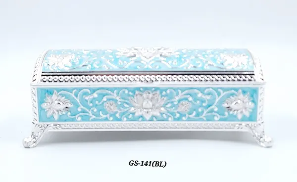 German_Silver_Turquoise_Blue_Enamel_Floral_Decorative_Jewelry_Box