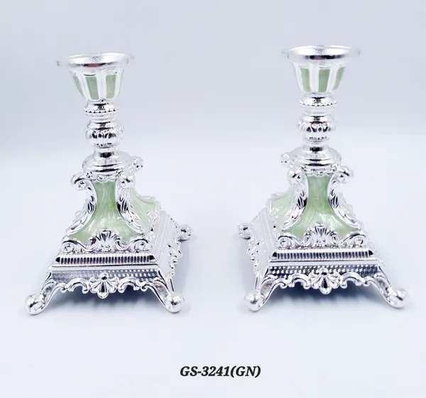 German_Silver_Green_Enamel_Victorian_Ornate_Candlestick_Stand_Set_Of_2