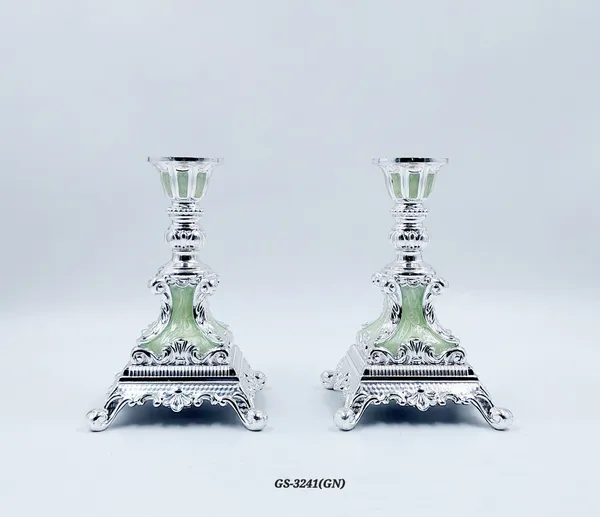 German_Silver_Green_Enamel_Victorian_Ornate_Candlestick_Stand_Set_Of_2