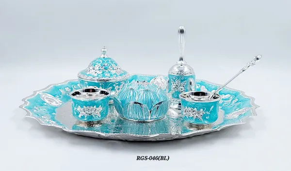 German_Turquoise_Blue_Enamel_Embossed_Pooja_Thali_Set_With_Large_Lotus_Agarbatti_Stand_And_Bell