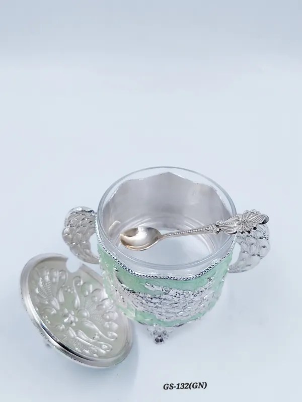 German_Silver_Mint_Green_Enamel_Peacock_Sugar_Candy_Bowl_With_Spoon