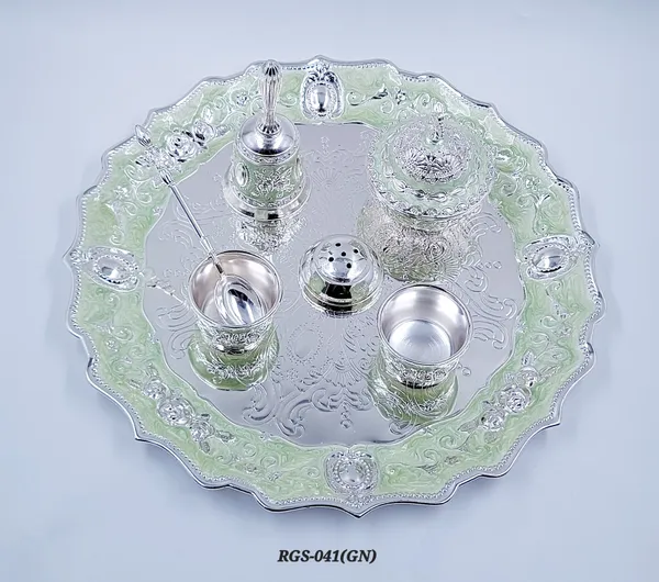 German_Silver_Green_Enamel_Embossed_Pooja_Thali_Set_With_Small_Agarbatti_Stand_And_Bell