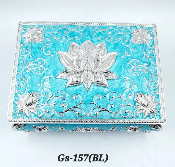 German_Silver_Turquoise_Blue_Enamel_Floral_Embossed_Jewelry_Or_Dry_Fruit_Storage_Box
