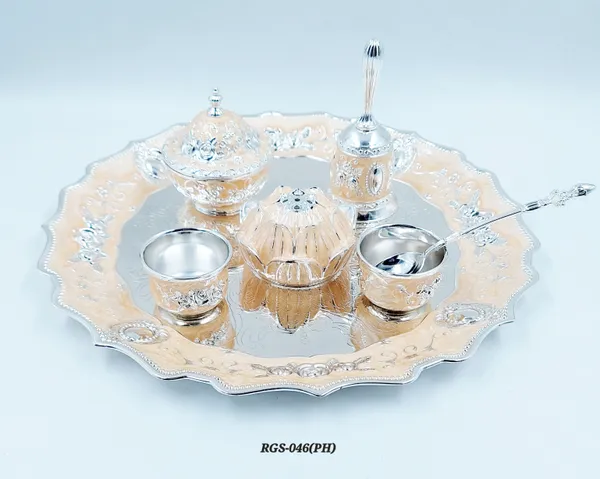 German_Silver_Peach_Enamel_Embossed_Pooja_Thali_Set_With_Large_Lotus_Agarbatti_Stand_And_Bell