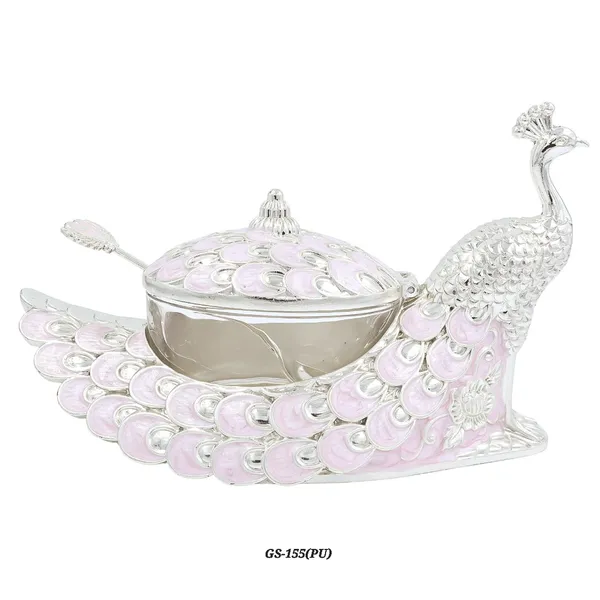 German_Silver_Pink_Enamel_Peacock_Decorative_Candy_Serving_Bowl_With_Lid