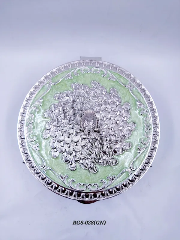 German_Silver_Green_Enamel__Traditional_Peacock_Embossed_Round_Dry_Fruit_Box