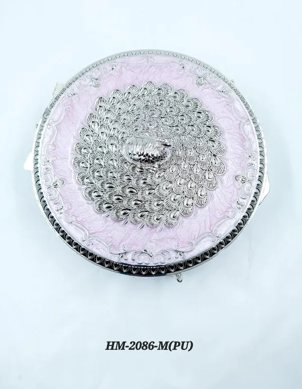 German_Silver_Lavender_Enamel_Traditional_Peacock_Embossed_Medium_Size_Round_Dry_Fruit_Box