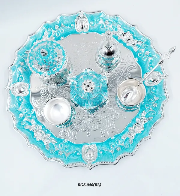 German_Turquoise_Blue_Enamel_Embossed_Pooja_Thali_Set_With_Large_Lotus_Agarbatti_Stand_And_Bell