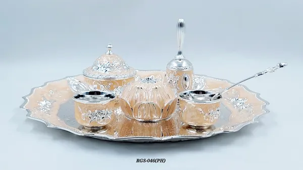 German_Silver_Peach_Enamel_Embossed_Pooja_Thali_Set_With_Large_Lotus_Agarbatti_Stand_And_Bell