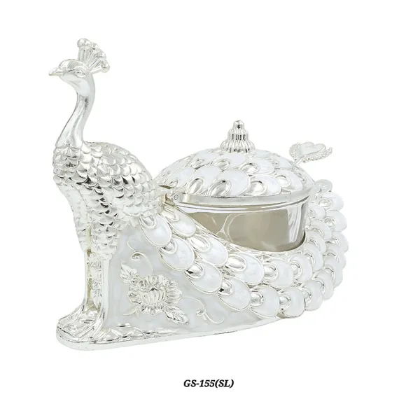 German_Silver_Enamel_Peacock_Decorative_Candy_Serving_Bowl_With_Lid_Spoon