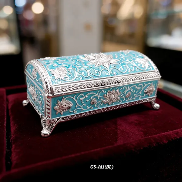 German_Silver_Turquoise_Blue_Enamel_Floral_Decorative_Jewelry_Box