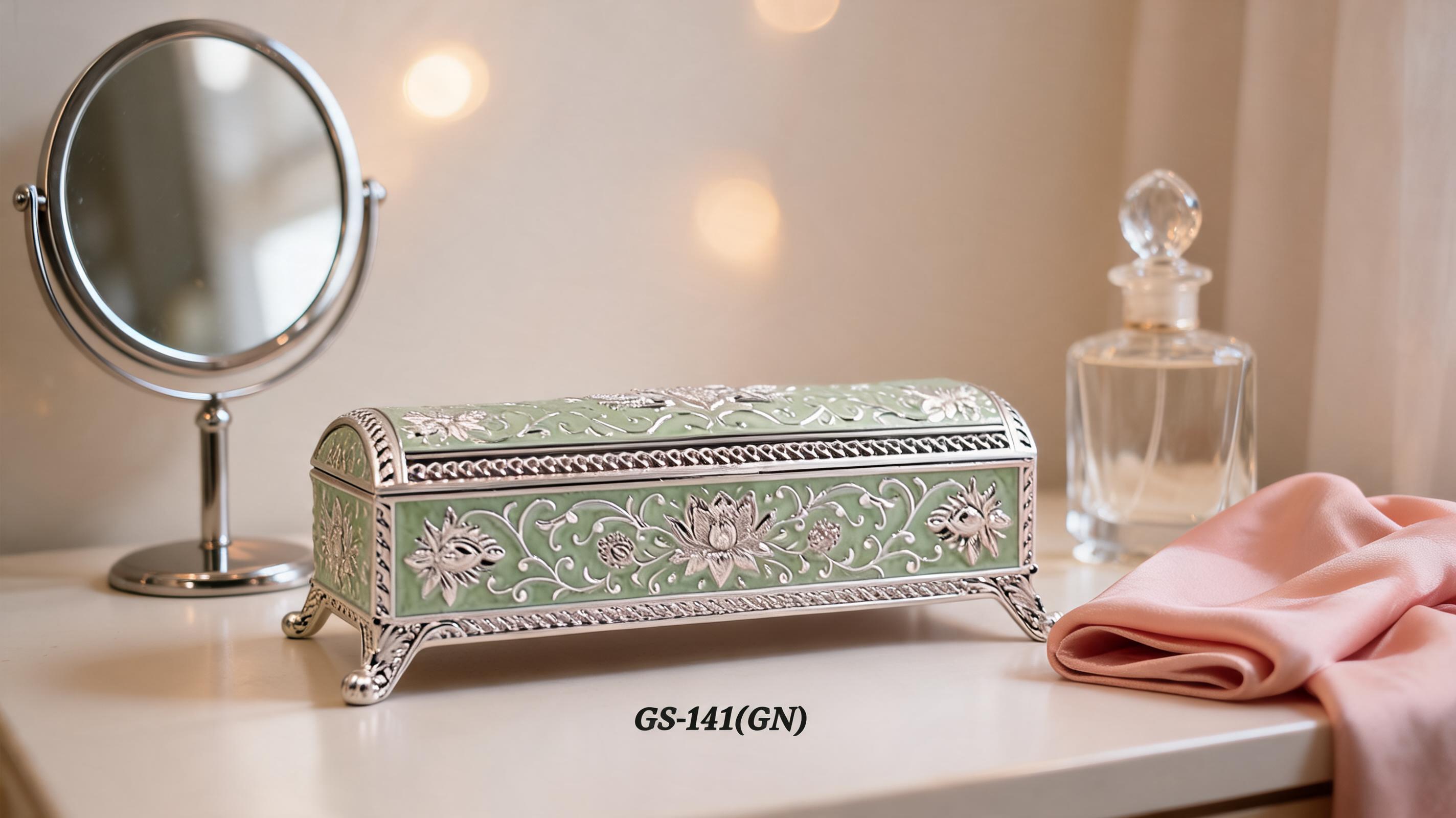 German_Silver_Green_Enamel_Floral_Decorative_Jewelry_Box