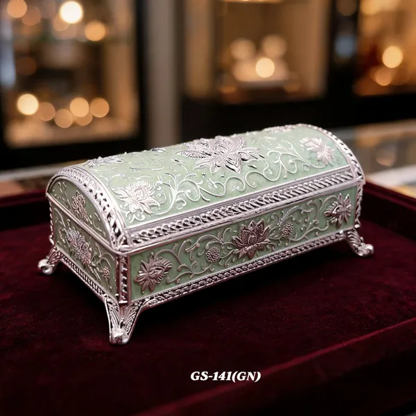 German_Silver_Green_Enamel_Floral_Decorative_Jewelry_Box