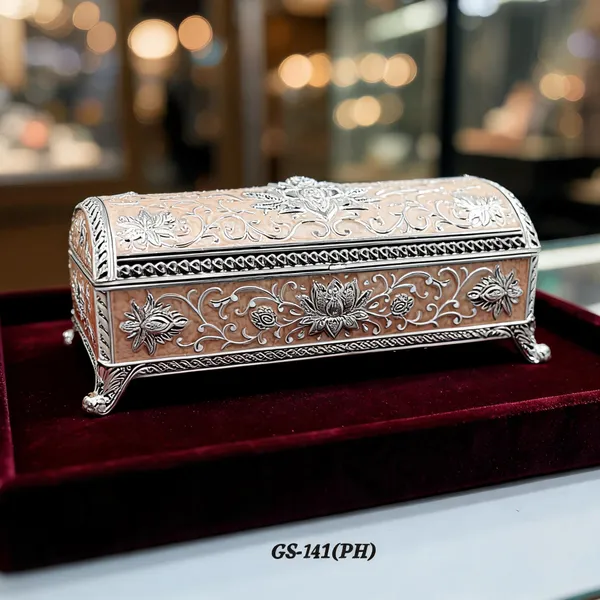 German_Silver_Peach_Enamel_Floral_Decorative_Jewelry_Box