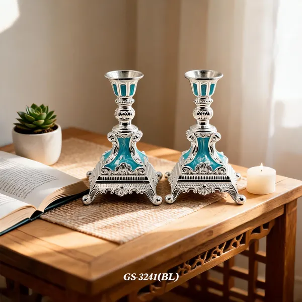 German_Silver_Turquoise_Blue_Enamel_Victorian_Ornate_Candlestick_Stand_Set_Of_2