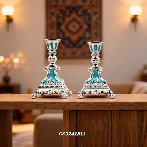 German_Silver_Turquoise_Blue_Enamel_Victorian_Ornate_Candlestick_Stand_Set_Of_2