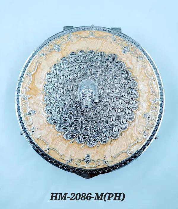German_Silver_Peach_Enamel_Traditional_Peacock_Embossed_Medium_Size_Round_Dry_Fruit_Box