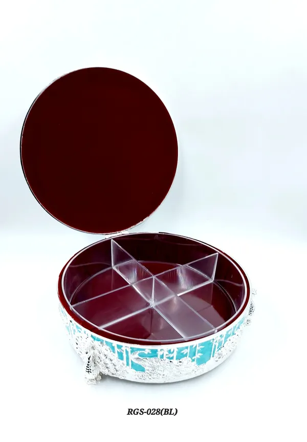 German_Silver_Turquoise_Blue_Enamel_Peacock_Design_4_Compartment_Dry_Fruit_Box
