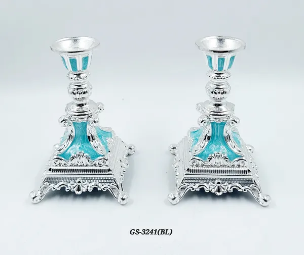 German_Silver_Turquoise_Blue_Enamel_Victorian_Ornate_Candlestick_Stand_Set_Of_2