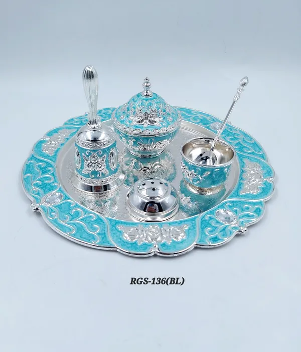 German_Silver_Turquoise_Blue_Enamel_Floral_Pooja_Thali_Set