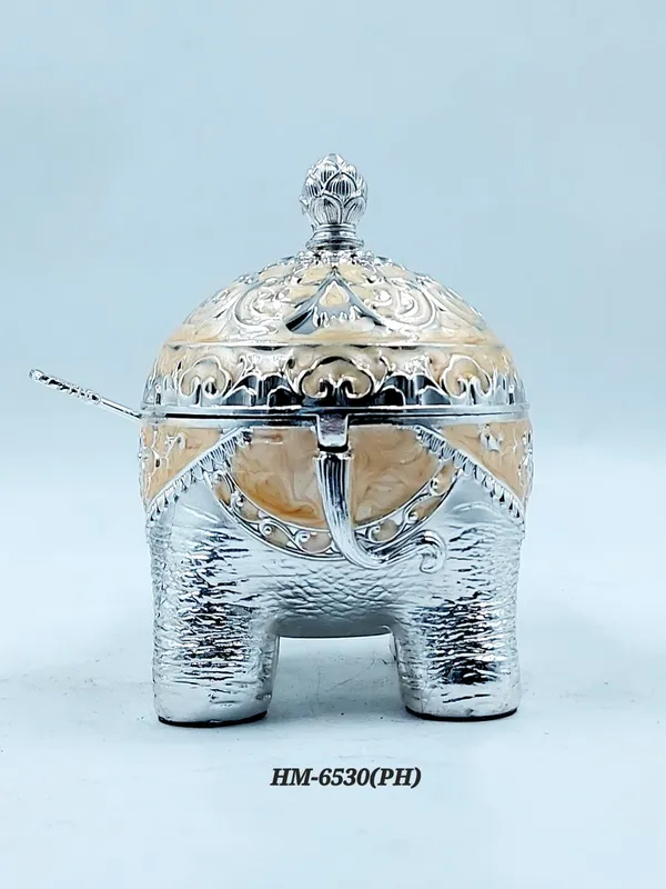 German_Silver_Peach_Enamel_Decorative_Fat_Elephant_Sugar_Candy_Bowl
