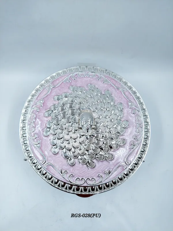 German_Silver_Purple_Enamel__Traditional_Peacock_Embossed_Round_Dry_Fruit_Box