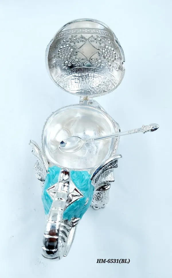 German_Silver_Turquoise_Blue_Enamel_Decorative_Elephant_Sugar_Candy_Bowl
