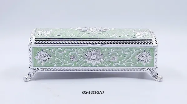 German_Silver_Green_Enamel_Floral_Decorative_Jewelry_Box