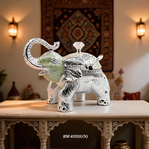 German_Silver_Green_Enamel_Decorative_Elephant_Sugar_Candy_Bowl