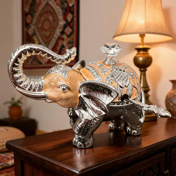 German_Silver_Peach_Enamel_Decorative_Elephant_Sugar_Candy_Bowl