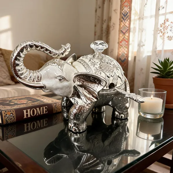 German_Silver_Enamel_Decorative_Elephant_Sugar_Candy_Bowl