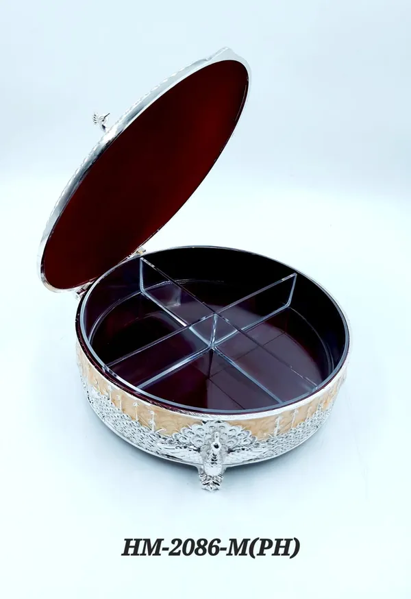 German_Silver_Peach_Enamel_Traditional_Peacock_Embossed_Medium_Size_Round_Dry_Fruit_Box
