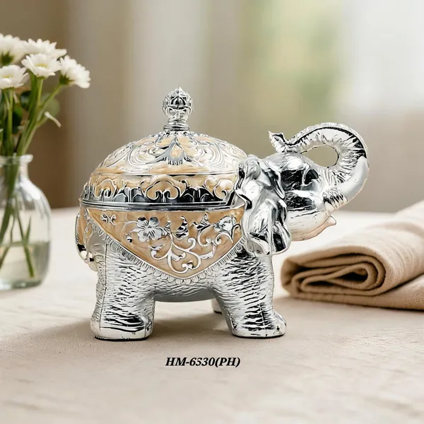 German_Silver_Peach_Enamel_Decorative_Fat_Elephant_Sugar_Candy_Bowl